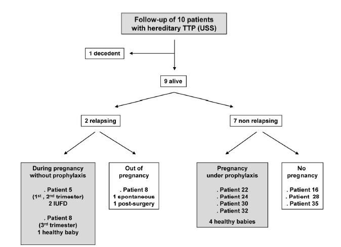 PTT congenita e gravidanza: outcome future gravidanze Paziente 8 trattata con plasmaferesi terapeutica all'esordio della PTT, con buon outcome