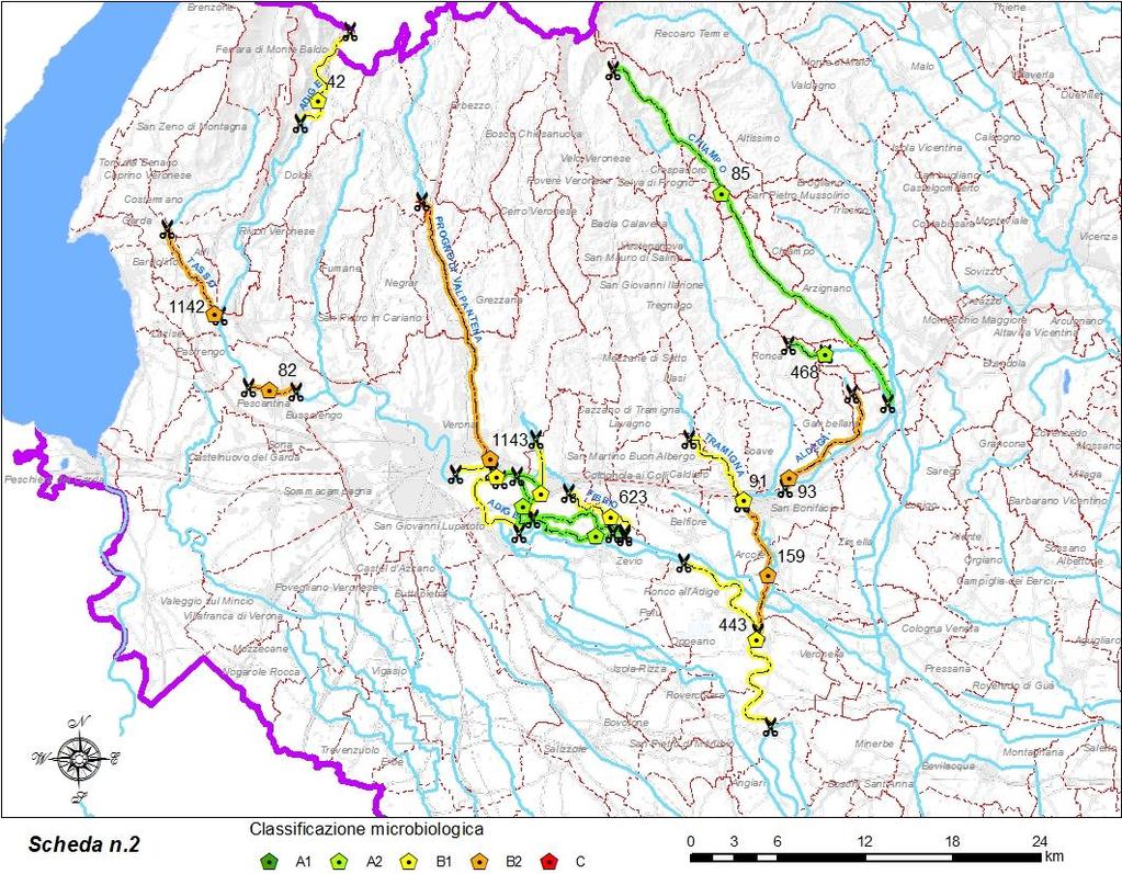 Scheda n.2 - Bacino del fiume Adige in provincia di Verona biennio 2015-2016 concentrazione cond.elet. indice sodio cloruri solfati n.camp.