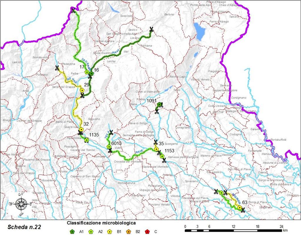Scheda n.22 - Bacino del fiume Piave territorio pedemontano e alta pianura n.camp. biennio 2015-2016 media concentrazione cond.elet.