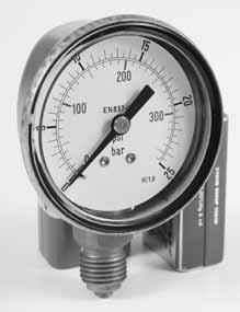 Pressure gauge DS 100 mm - bottom connection 1/2 BSP - M - black metal case - white dial with black/red numbers - black aluminium pointer - glass window - silver welded, accuracy class 1,6%.