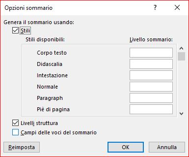 5a Viene richiesto di creare un sommario con l utilizzo del formato Classico, a 2 livelli e con un carattere di