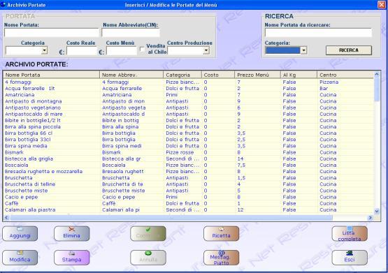 Portata menù - Portata menù, creazione delle portate in vendita; - Descrizione lunga per ricevuta/fattura; - Descrizione breve (16 caratteri) per selezione video; -