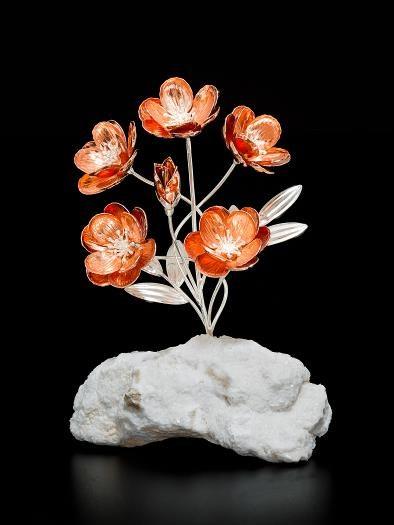 25 Anemone 2 fiori su minerale con petali colore bianco