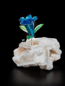 34 Genziana su minerale dolomitico con petali smalto blu, peso gr. 400 c.a., h. 11 cm.