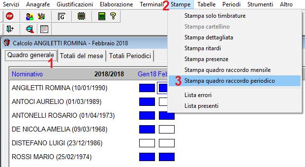 Saranno riportati la Presenza Totale periodica, la previsione, e la differenza in ore e minuti.