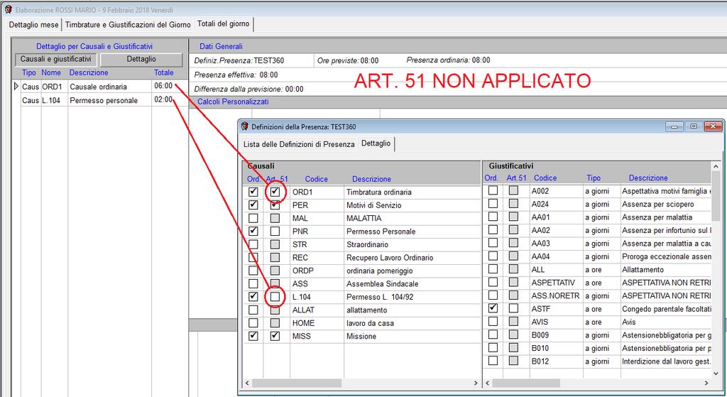 Esempi di funzionamento esplicavi: Esempio 1: Un dipendente in un giorno fa 06.00 di ordinaria e 02:00 va in permesso con la L.104.