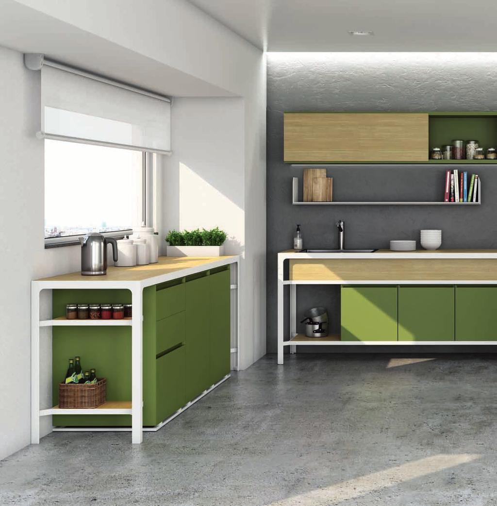 buffet Ambiente Buffet, banco a parete con carter e banco con contenitori a terra, pensile ad anta scorrevole, colonne elettrodomestici e Isola Bancoquadro H90 H90 cm con sgabelli Cono.