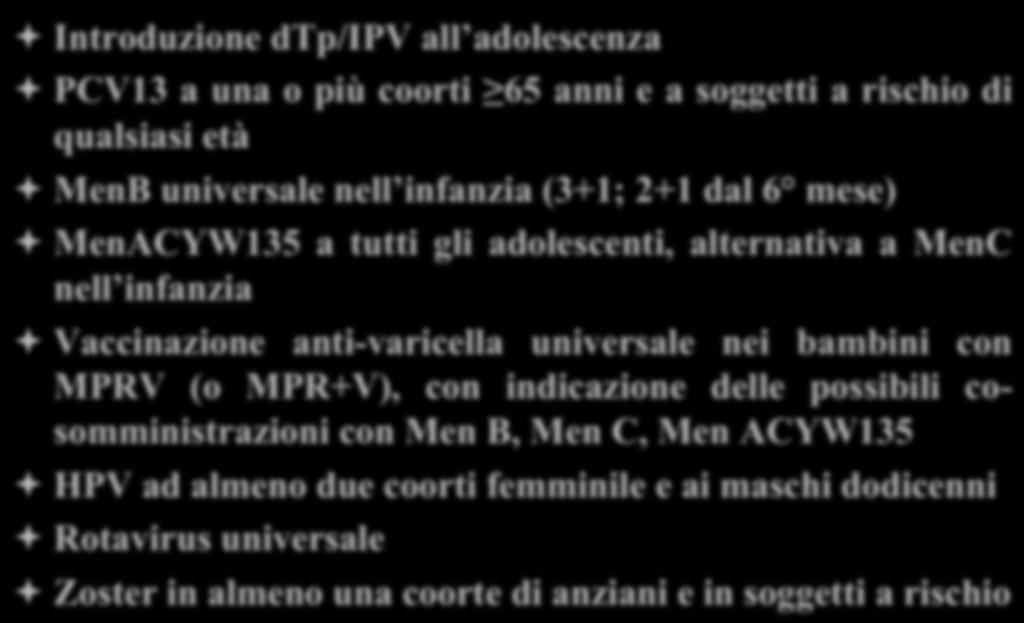 Le principali novità del Calendario per la Vita 2014 ª Introduzione dtp/ipv all adolescenza ª PCV13 a una o più coorti 65 anni e a soggetti a rischio di qualsiasi età ª MenB universale nell infanzia