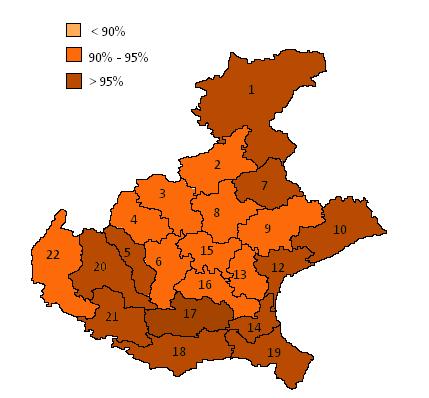 ALLEGATOA alla Dgr n. 509 del 16 aprile 2013 pag. 11/38 Figura 3: Coperture vaccinali aggiustate per prima dose di vaccino esavalente per Azienda Ulss della Regione Veneto.