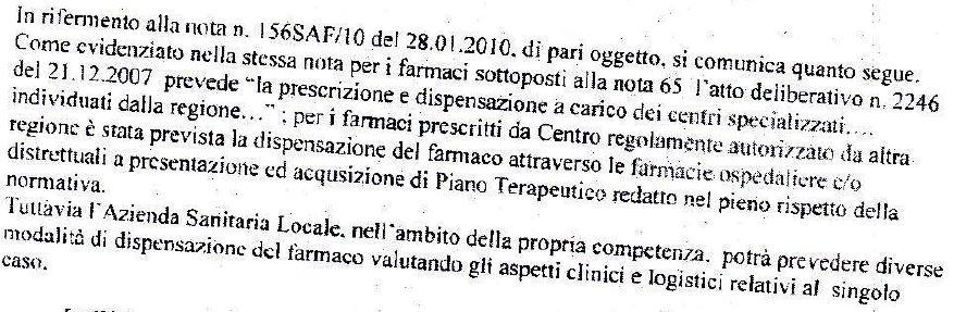 Modalità di Distribuzione Farmaci Nota 65 in Regione