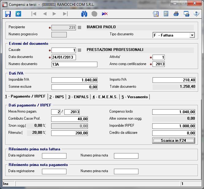 2 Compensi a terzi Rappresenta il programma dove si inseriscono i dati relativi alle ritenute operate.