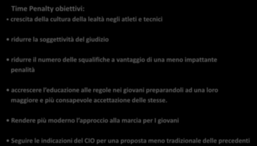 Time Penalty obiettivi: crescita della cultura della lealtà negli atleti e tecnici ridurre la soggettività del giudizio ridurre il numero delle squalifiche a vantaggio di una meno impattante penalità