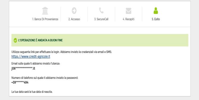 password di accesso; Esito per clienti PMI in cui troverai le seguenti informazioni: il link al sito www.credit-agricole.