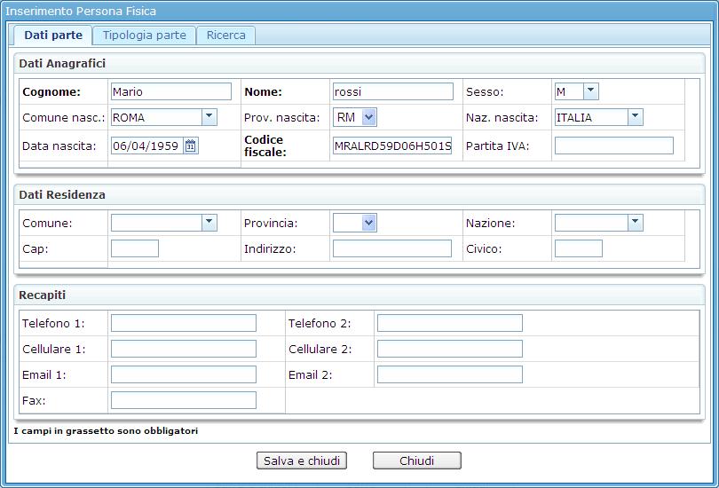 A questo punto viene aperta la scheda per l inserimento della persona fisica o giuridica; l
