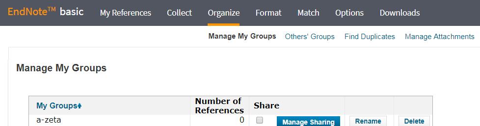 EndNote basic - Organize Il menu Organize comprende: Manage My Groups per creare e gestire cartelle in cui archiviare i propri riferimenti Others Groups per vedere le cartelle condivise da altri