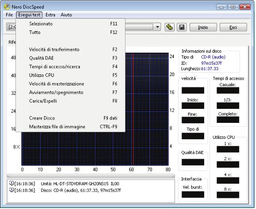 Scheda Riferimento test standard Nell'area Tipo di disco, a destra del grafico, vengono visualizzate informazioni generali sul disco inserito nell'unità.