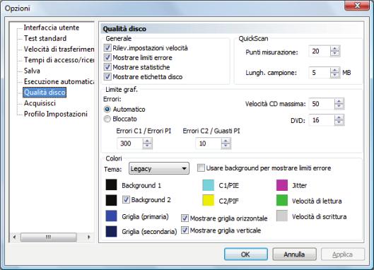 14.7 Qualità disco Finestra Nero DiscSpeed - Opzioni La voce Qualità disco consente di visualizzare le opzioni di impostazione per il test di qualità nell'area Generale, QuickScan, Margini diagramma