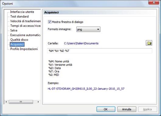 14.8 Voce di navigazione Acquisire Finestra Nero DiscSpeed - Opzioni La voce di navigazione Acquisire fornisce le opzioni di impostazione per il salvataggio dei risultati del test tramite il supporto