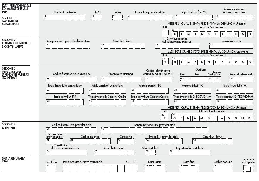 Sezione Lavoratori subordinati: nella sezione i dati previdenziali ed assistenziali devono essere indicati separatamente con riferimento ad ogni matricola aziendale utilizzata per il versamento dei