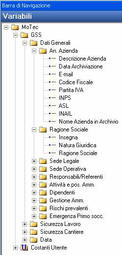 Ad esempio selezionando la cartella Dati Generali (si veda l analogo pannello Dati generali del software GSS) si aprirà la sezione dedicata all anagrafica aziendale riportante le variabili: