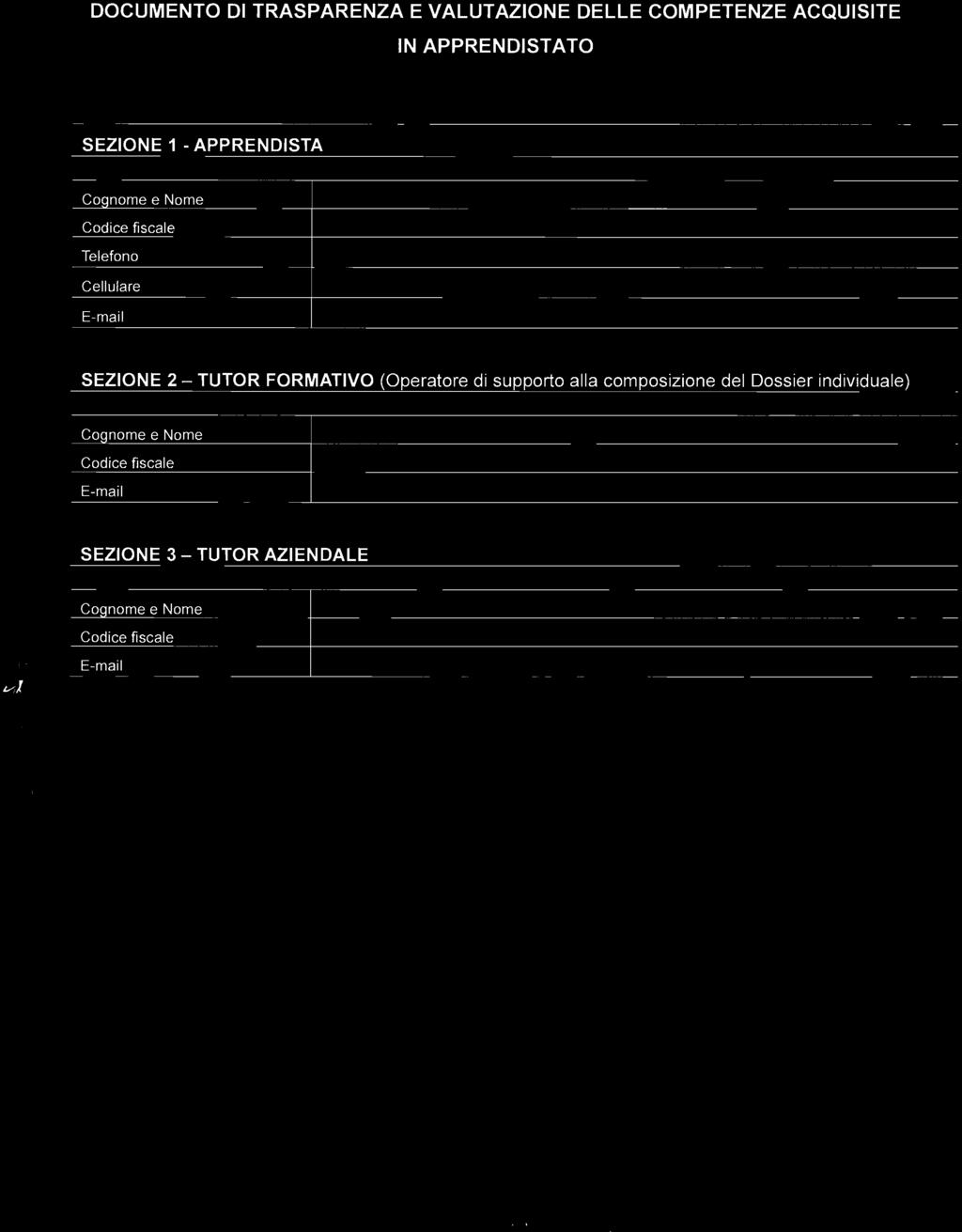 DOCUMENTO DI TRASPARENZA E VALUTAZIONE DELLE COMPETENZE ACQUISITE IN APPRENDISTATO SEZIONE 1 - APPRENDISTA Cognome e Nome Codice fiscale Telefono Cellulare E-mail SEZIONE 2 -