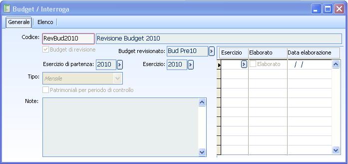 Fig. 2-13 - Archivio budget Si proceda con il caricamento di movimento budget legato al Budget di