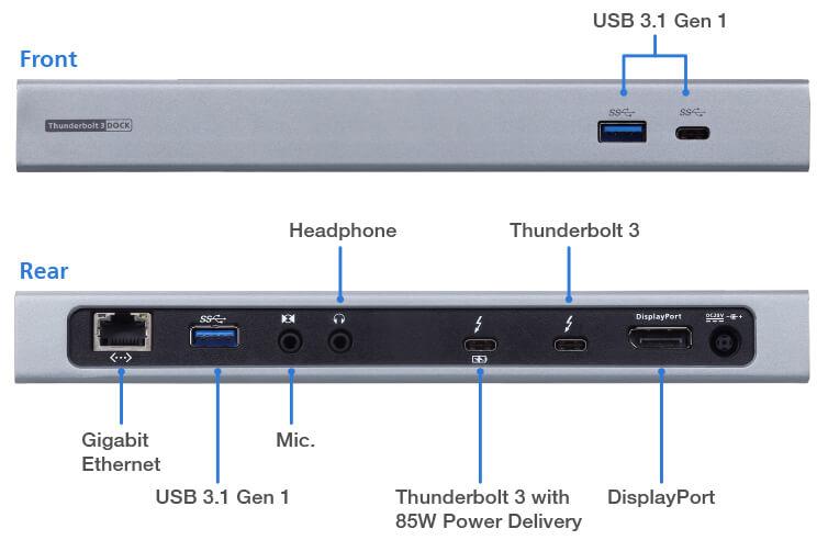 La dock multiporta Thunderbolt 3 UH7230 connette un laptop alle porte Ethernet, DisplayPort, USB-C 3.1 Gen 1, altoparlante e microfono mediante un singolo cavo.