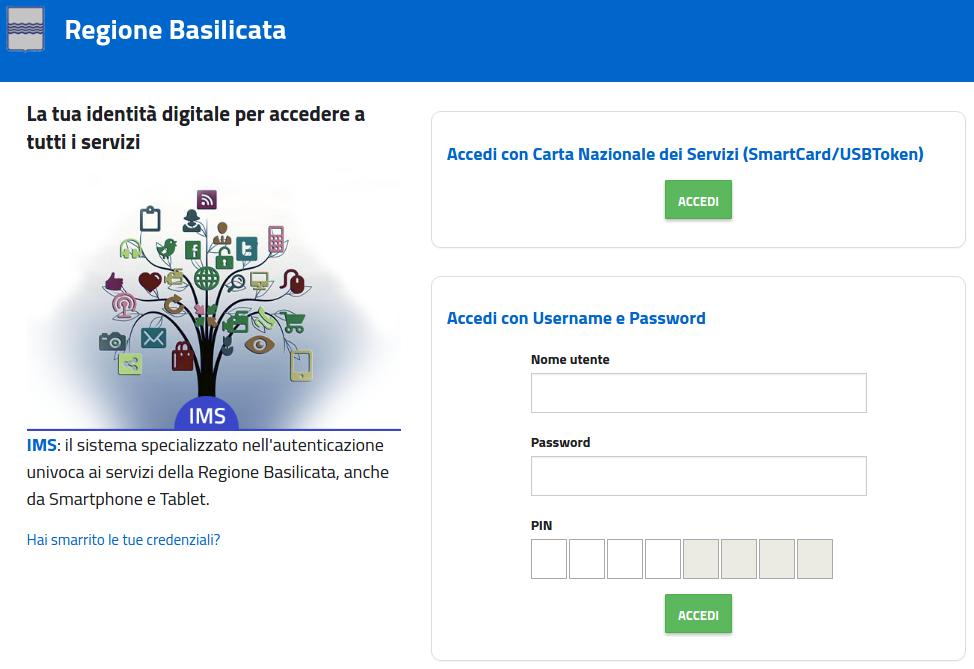 Autenticazione mediante credenziali rilasciate da Regione Basilicata Cliccare su Regione Basilicata Mediante la seguente schermata, sarà possibile accedere con la Carta Nazionale dei Servizi