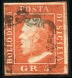 500++ 750,00 24 20 21 23 22 8 Sicilia - 5 gr. vermiglio chiara I tavola n. 10 ottimo esemplare ben marginato - Cert. G. Colla - Cat. 5.000 600,00 23 **/*Sicilia - 5 gr.