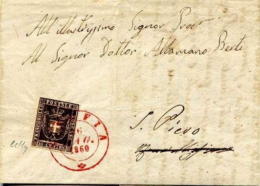 25A * 25B * 25A Toscana Governo Provvisorio 10 c. bruno n. 19 su lettera da S. Sofia a S. Piero il 26.5.1860 In partenza nitido ann. rosso d. c. di S. Sofia (p. 11) Molto bella Cert.