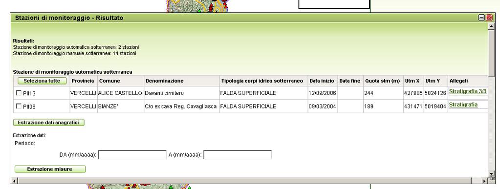 La finestra del risultato riporta in testa il riepilogo del criterio di ricerca applicato e il numero di stazioni estratte per tipologia di stazione: automatica sotterranea automatica superficiale