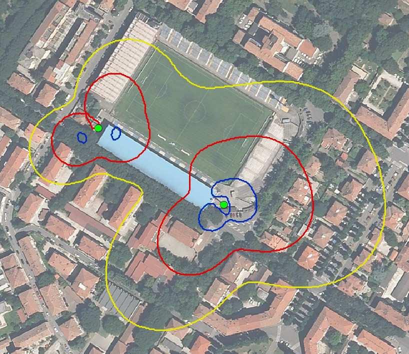 1.2 Interpretazione curve isolivello e rappresentazione grafica Il modello di simulazione calcola i valori di campo elettrico nell'intorno delle sorgenti di campo elettromagnetico a partire dai dati