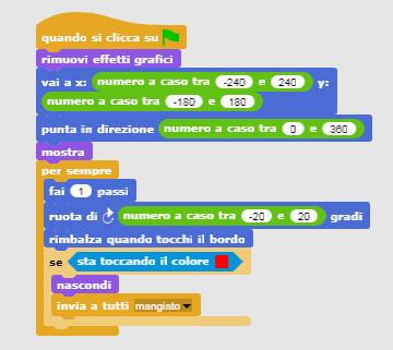 La principale funzione dello script dello stage è l'animazione dello sfondo alternando ogni secondo i due costumi. Una ulteriore funzione è la determinazione della fne del gioco (game over).