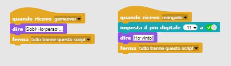 TERMINE DEL GIOCO Lo script dello squalo riceve due tipi di messaggi. Il messaggio "gameover" dallo script di sfondo quando il tempo è scaduto. In questo caso lo squalo mostra il messaggio "Sob!