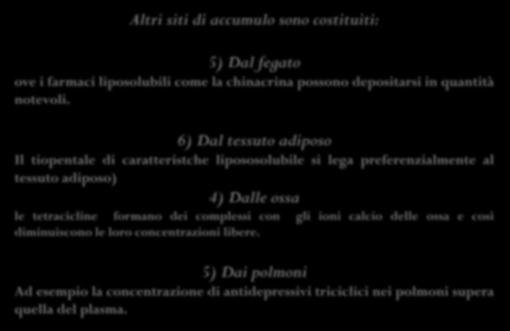 Altri siti di accumulo sono costituiti: 5) Dal fegato ove i farmaci liposolubili come la chinacrina possono depositarsi in quantità notevoli.