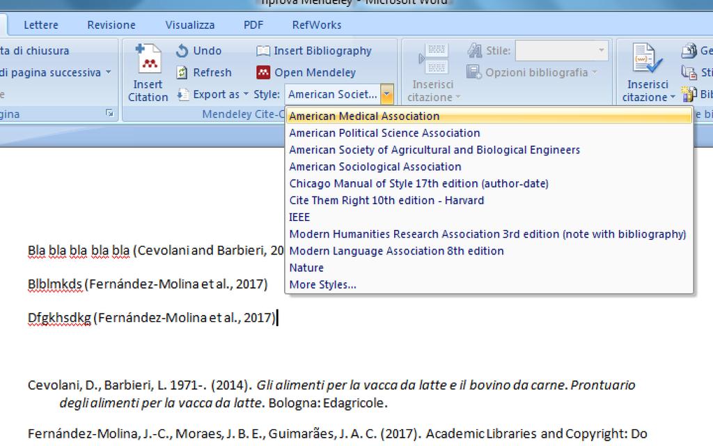 All interno del testo comparirà la citazione nello stile citazionale prescelto. Procedere inserendo tutte le citazioni necessarie.