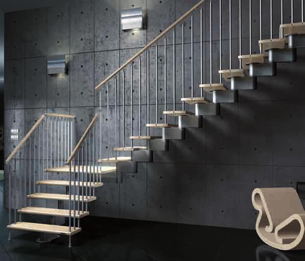 Metal structure and banister in 7015 grey, wooden handrail and treads in 289 doussié colour.