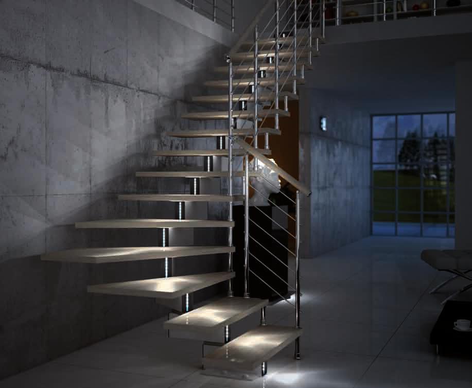 JAZZ CHROME LED Scale a giorno modulari Modular open stairs Struttura in metallo verniciata grigio raggrinzato 97RG; gradini e corrimano in legno tinta 311