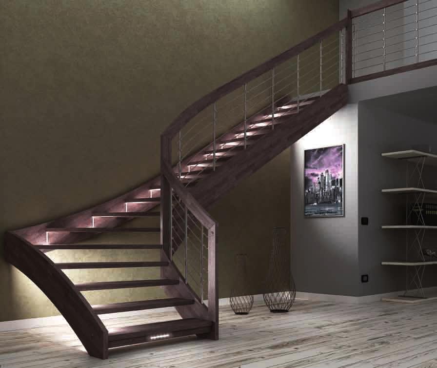 ESPERIA CHROME LED Scale a giorno Open staircases Scala in legno di rovere lamellare tinta 410S cacao spazzolato, ringhiera cromata.