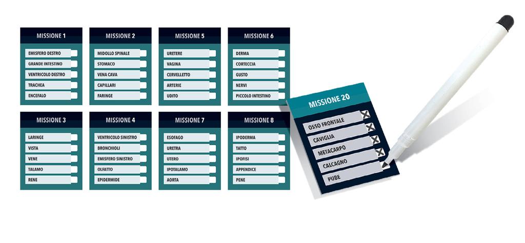 Le carte missione. Per giocare da soli o per organizzare una vera e propria sfida tra amici Con le carte missione possiamo organizzare un gioco «alla ricerca delle varie parti del corpo».