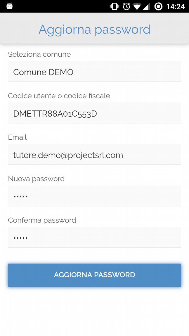 Aggiorna password Il primo accesso dell utente alla piattaforma avviene tramite le credenziali inviate dal Comune o dall Ente agli utenti (genitori o tutori) che sono composte da: Codice utente di