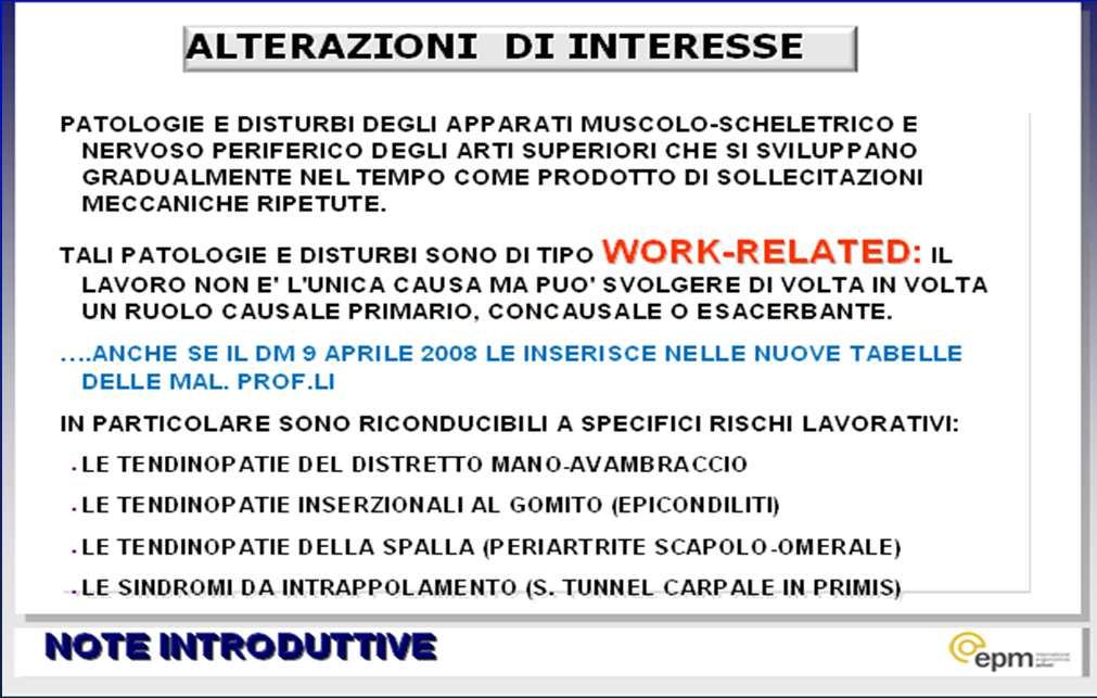 NIOSH 1997 National Institute of Occupational Safety and Health (dati confermati dalla National Accademy 2001) Fattore di rischio gli studi PER LA MMC E LE POSTURE Relazione causale fra danno al