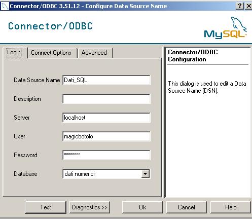 3) Server: nome del computer sul quale risiede fisicamente il database. Può essere lo stesso pc sul quale si sta lavorando (localhost) o un altro pc collegato tramite rete (indirizzo IP richiesto).