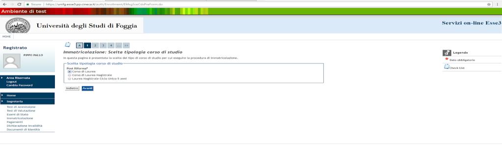Scelta del corso Una volta confermata la scelta del corso di studi, si deve procedere