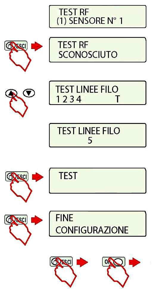 9) Test RF degli apparati radio 10) Test RF degli apparati a filo Premere il tasto freccia su o giù per spostarsi all interno della programmazione.
