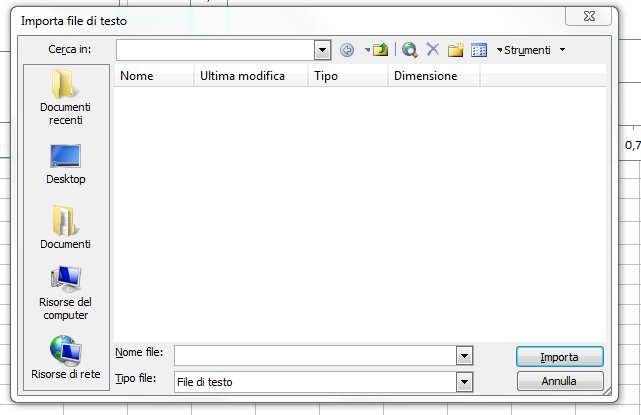 Figura 17 Maschera per l importazione in Excel di un file dati