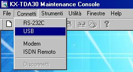 7.3 Installazione della Consolle di manutenzione KX-TDA30 1. Collegare il PC all IP-PBX ibrido utilizzando un cavo USB. 2. Avviare la Consolle di manutenzione KX- TDA30 dal menu Start. 3.