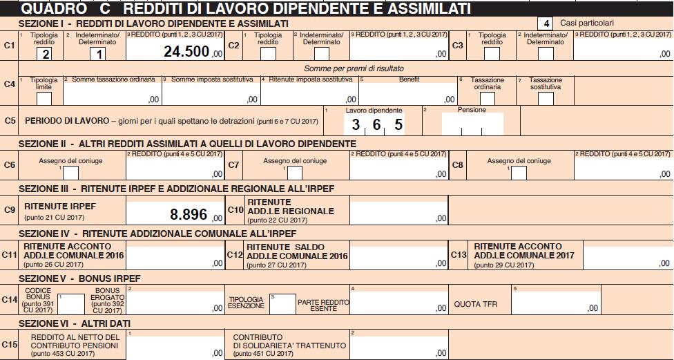 CU 2017); - Colonna 3: 24.500 (70% del reddito imponibile); Rigo C5, Colonna 1: 365 (punto 6 del Mod. CU 2017);