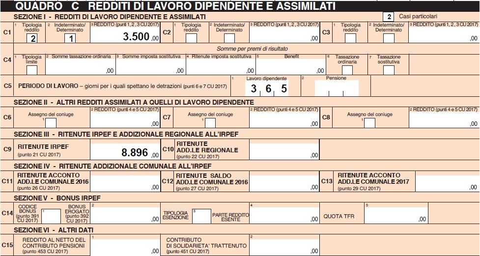 La compilazione del Quadro C avviene come segue: Casella Casi particolari : Codice 2; Rigo C1: - Colonna 1: Codice 2 (reddito di lavoro dipendente); - Colonna 2: Codice 1 (Punto 2 del Mod.