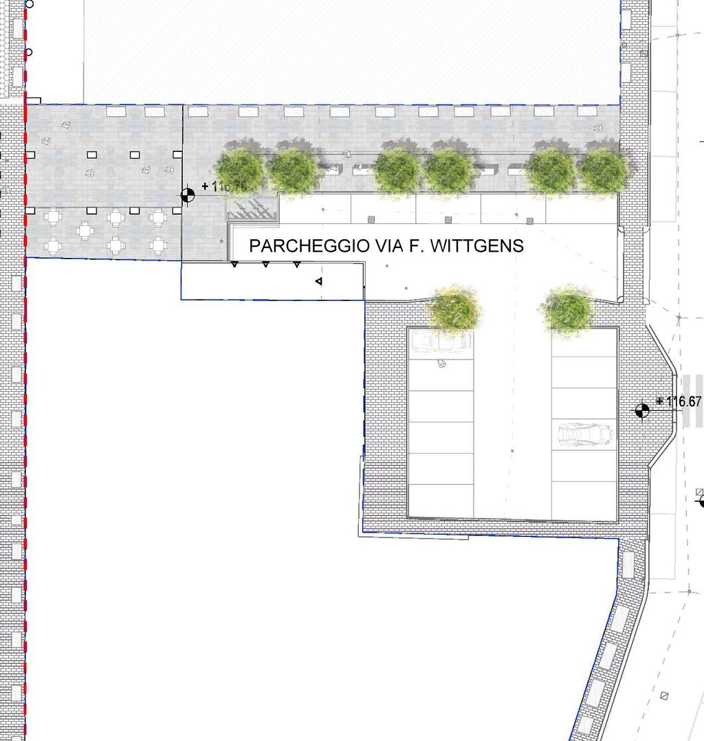 Ambito 4 / Parcheggio Wittgens Un nuovo ingresso pedonale al parco Da spazio unicamente dedicato alla sosta a nuovo asse pedonale verso il Parco delle Basiliche nuovo